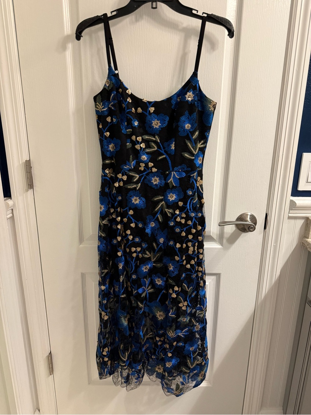 Dress the Population Black Midi Slip Dress with Blue Floral Embroidery